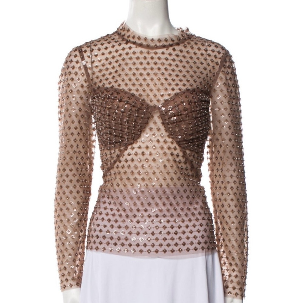 Self-Portrait Brown Fitted Blouse with Mock Neck and Long Sleeves